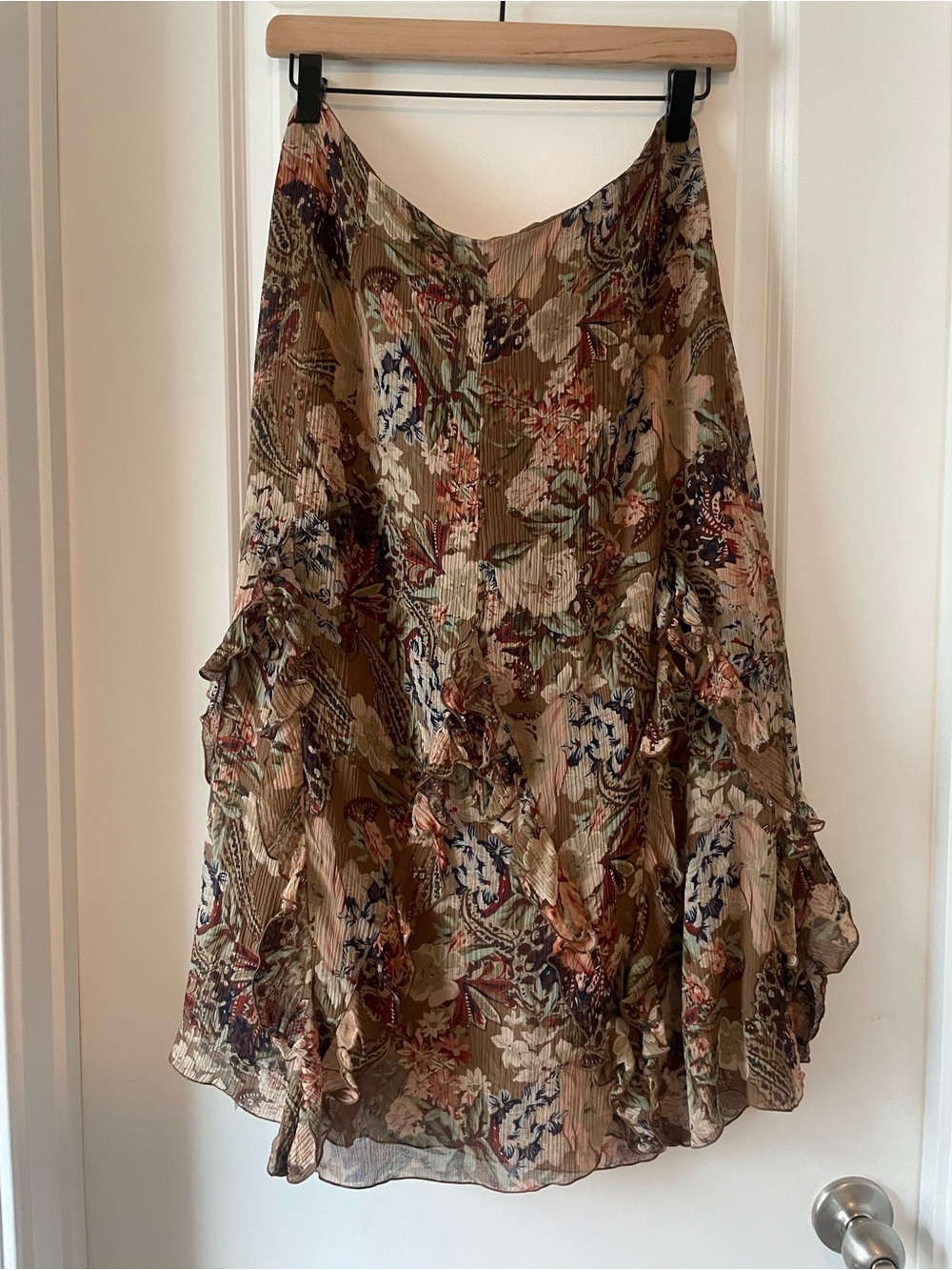 Bohemian Floral Ruffle Skirt in Olive Green